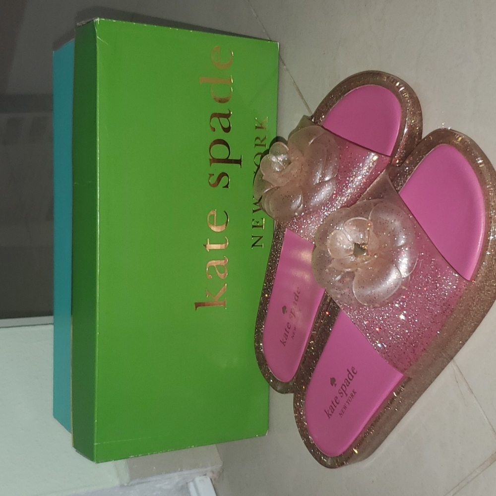 Kate Spade NY Splash Pink Glitter Flower Jelly Slip On Flats Sandals sz 7